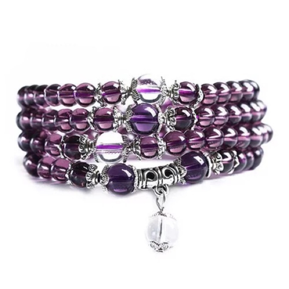 Buddha Mala 108 Purple Glass 6mm Beads Bracelet